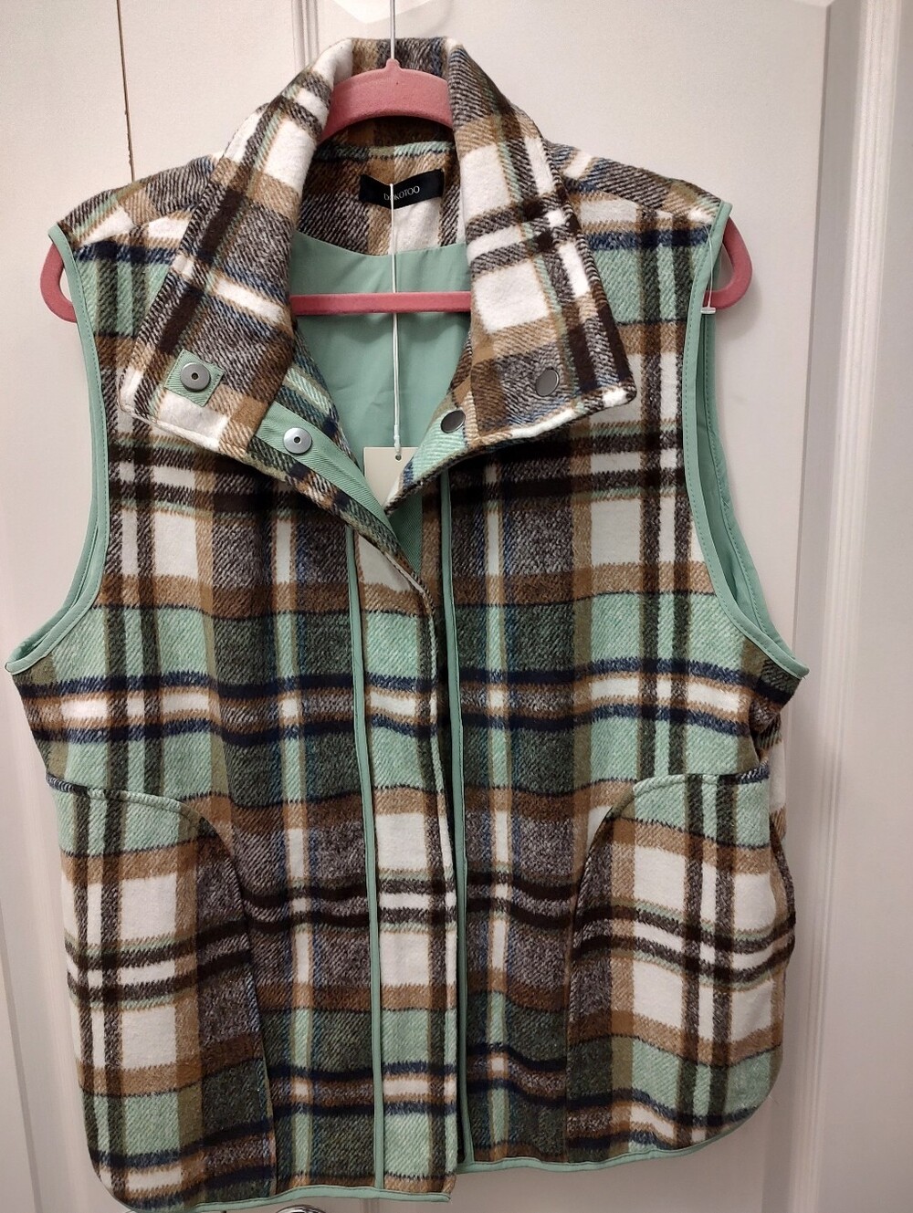 Plaid Sleeveless Vest Jacket - Mint, Brown & White